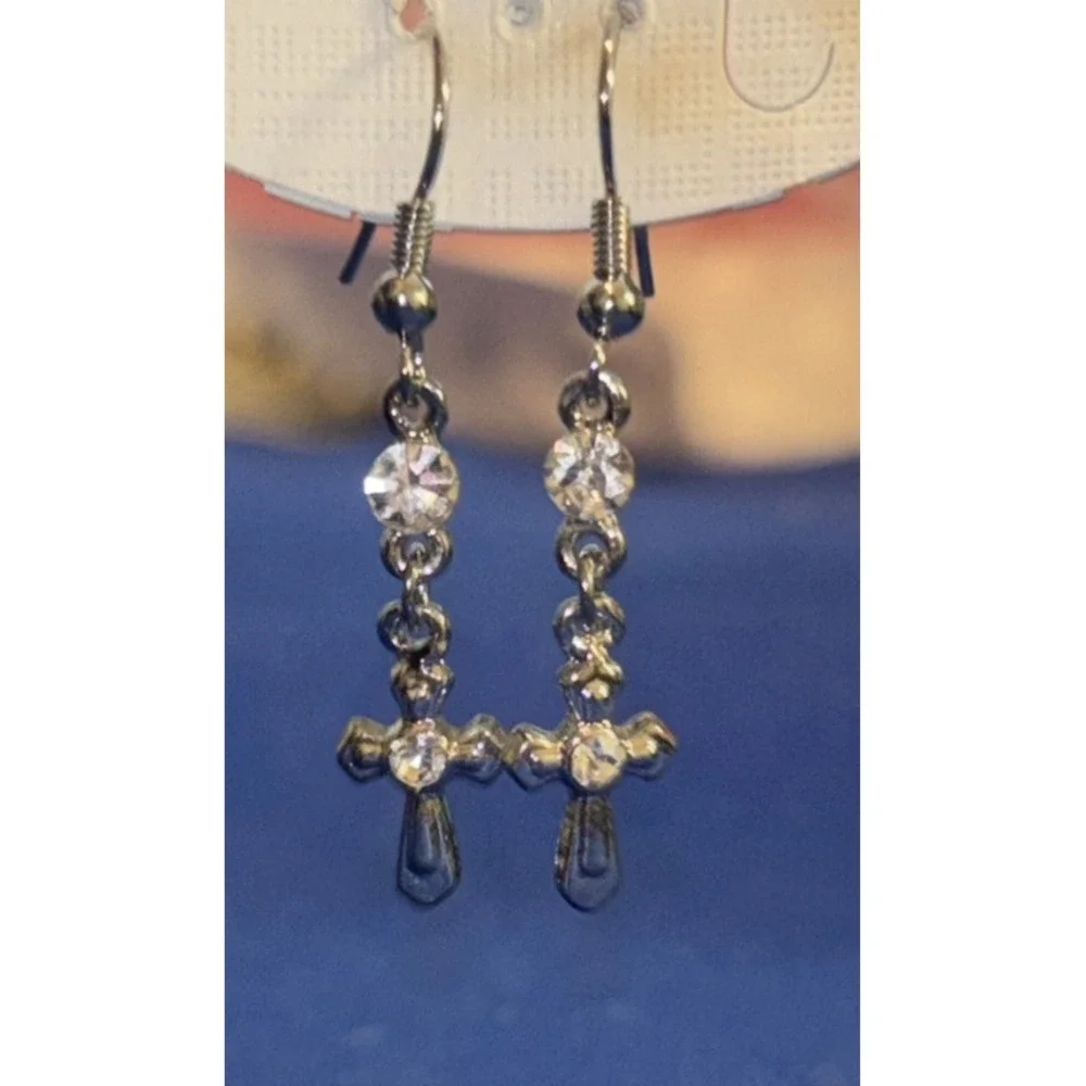 Clear Crystal Rhinestones and Cross w Silver Hooks Dangle Drop Pierced Earrings